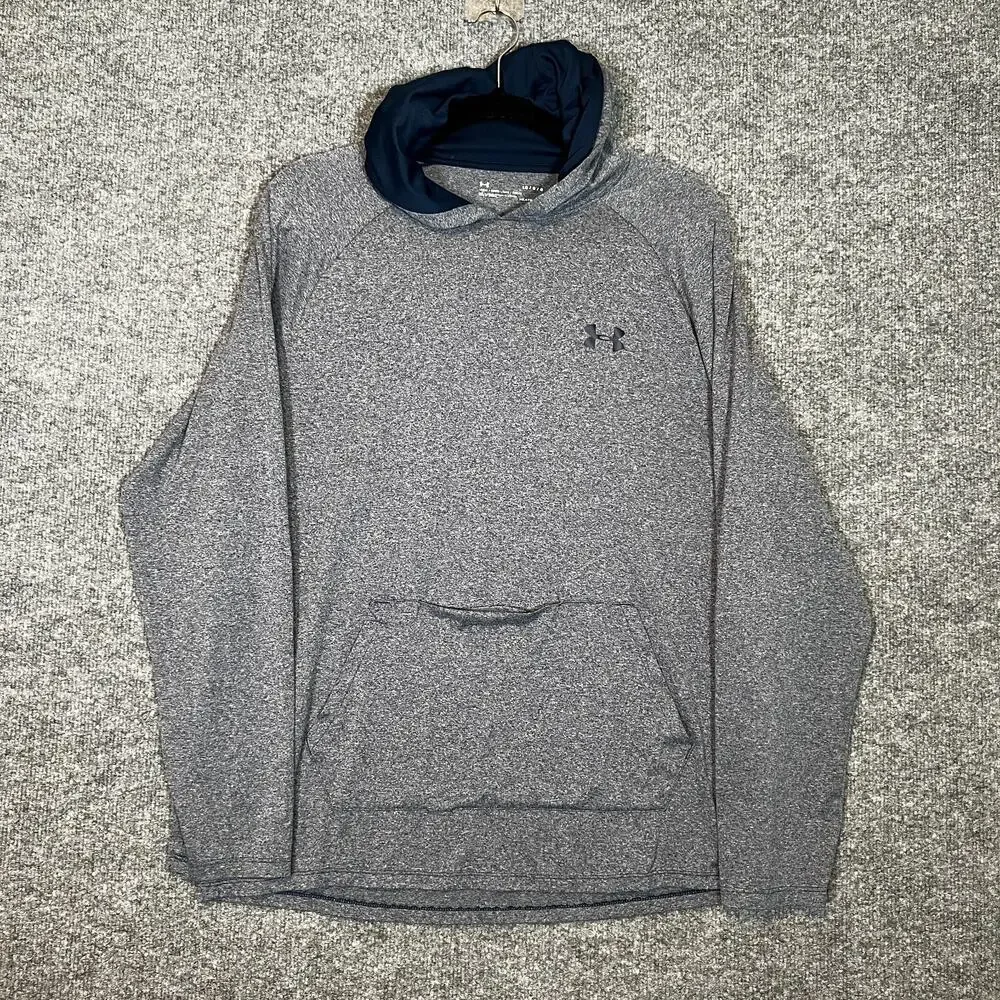 Under Armour Shirt Mens Large Blue‎ Hooded Tshirt Long Sleeve Stretch Flaw